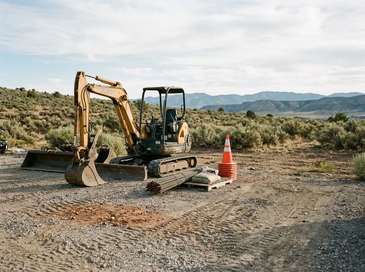 Excavation equipment and tools of the trade, photographed in a work setting. The image shows no visible people.