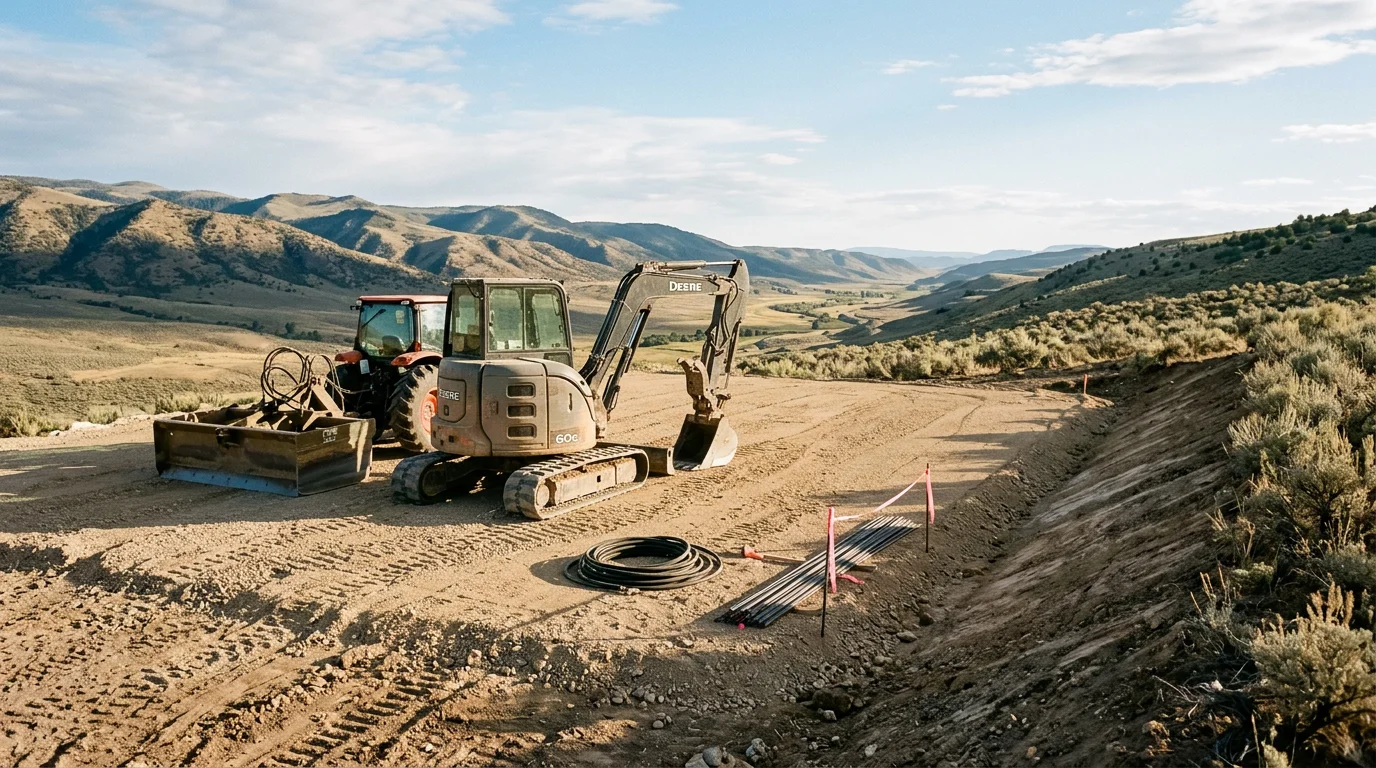 Excavator digging and grading a building site in Oakley, Utah