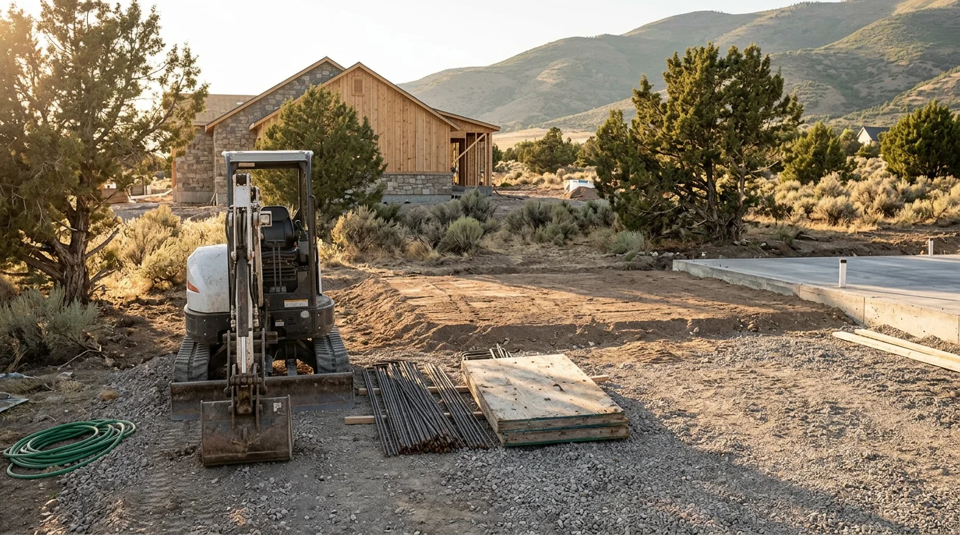 Contractor reviewing plans at a home construction site in Oakley, Utah
