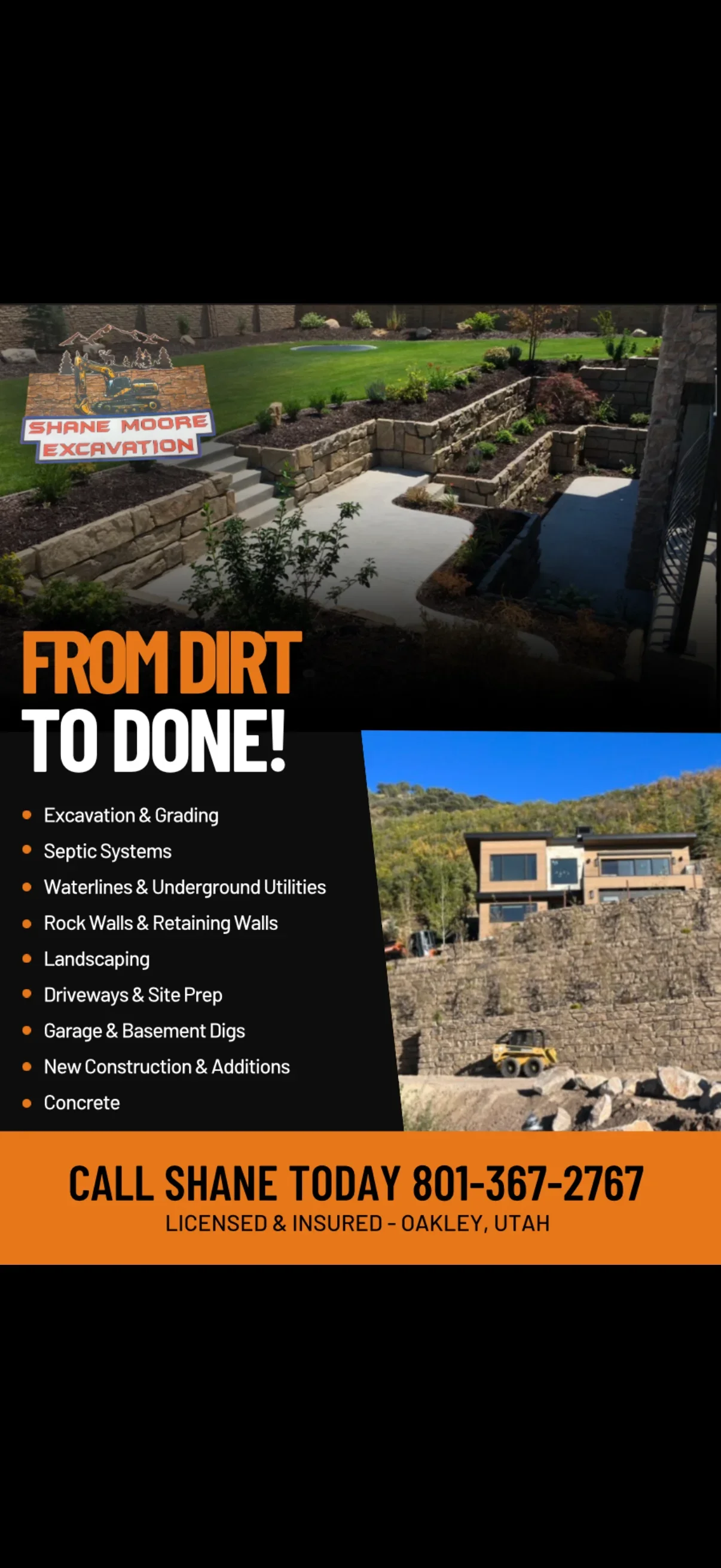Terraced natural stone retaining walls with concrete steps, curved concrete walkway, mulched planting beds, and green lawn