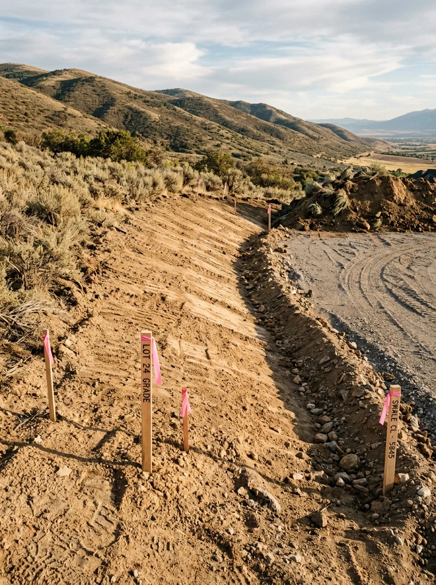 Cleared and rough-graded building pad on a Heber City east-bench parcel near Daniel, Utah, showing decomposed granite soil and freshly established drainage slope.