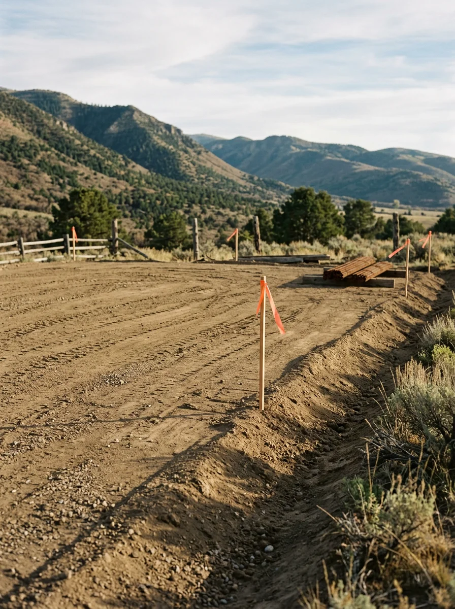 Close-up of a freshly graded building pad on an Oakley, Utah bench parcel, showing compacted soil and drainage slope established before foundation work begins.