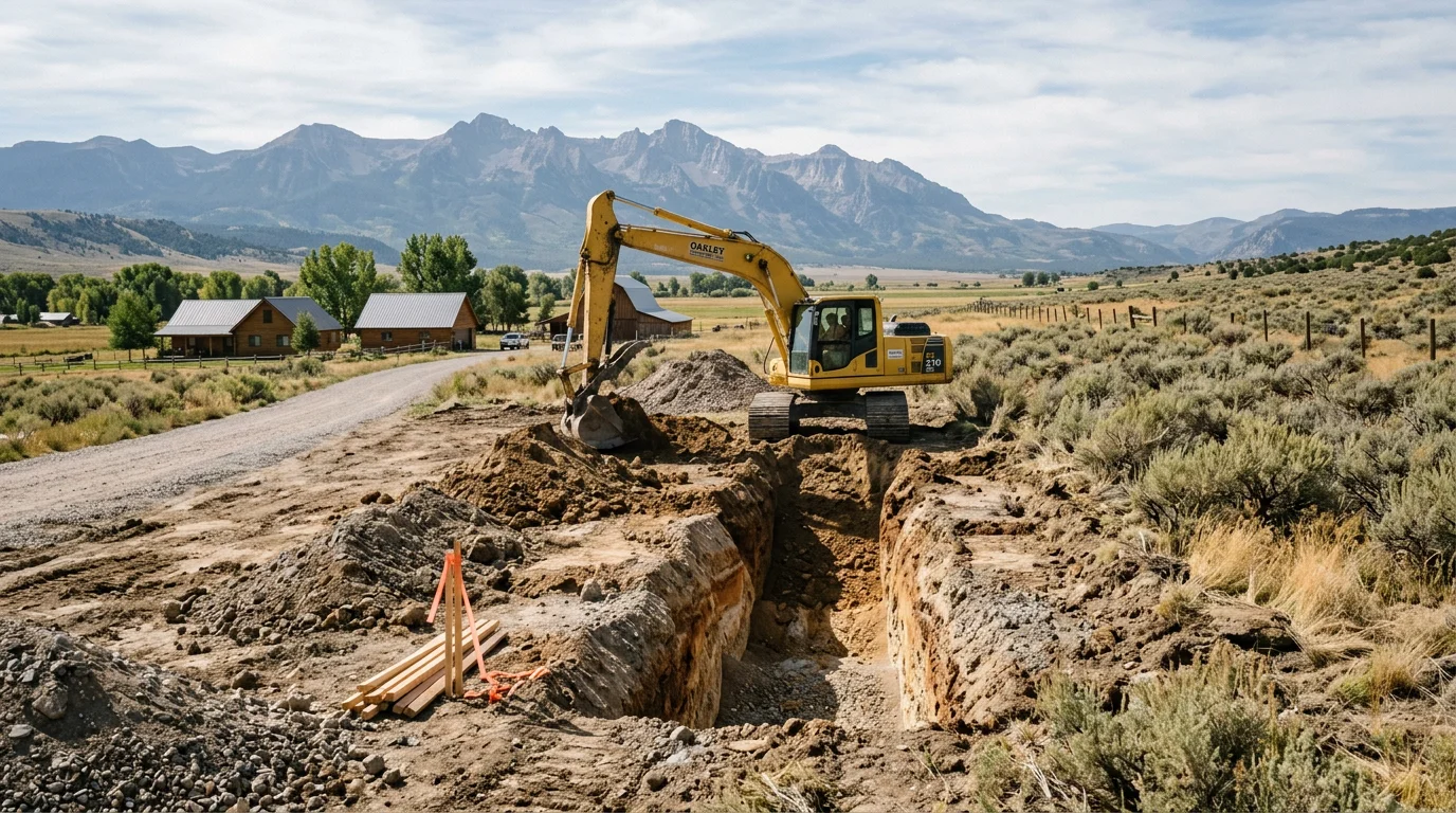 Excavator working on a large rural lot in Oakley, Utah, with the Uinta Mountains visible in the background and alluvial valley floor soil exposed during foundation digging.