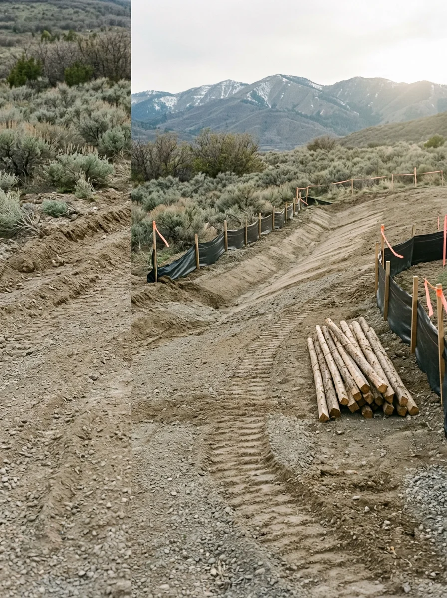 Freshly graded sloped lot in Park City's Snyderville Basin area, showing drainage slope established across cleared terrain ready for custom home construction.
