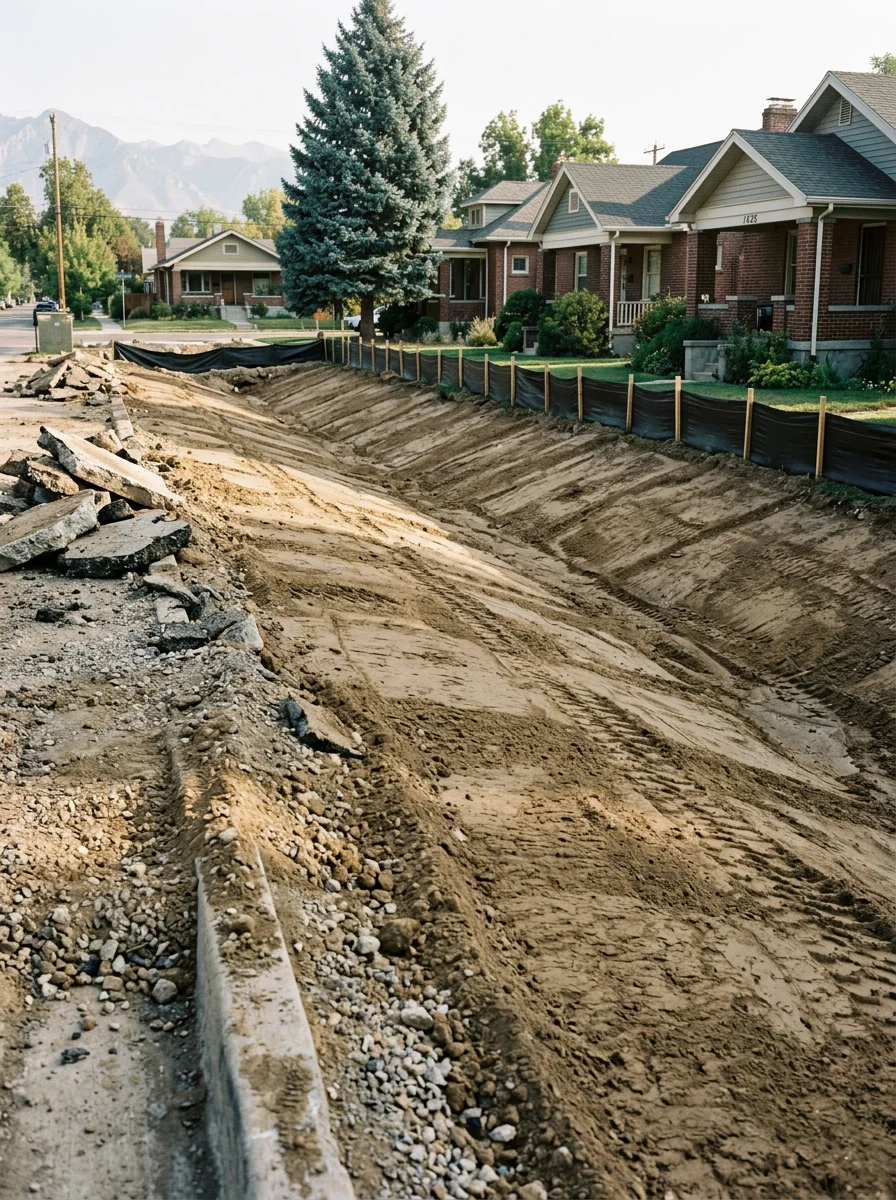 Freshly graded residential lot in Salt Lake City's Sugar House neighborhood, showing compacted soil and drainage slope established after driveway removal and concrete hauling.