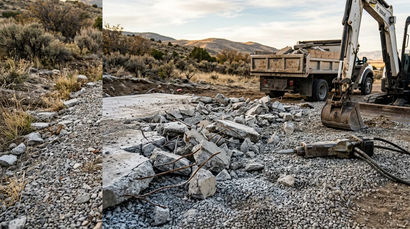 A broken concrete slab being loaded and removed from a residential property in Oakley, Utah. The site shows cleared ground after concrete breaking and hauling work by Shane Moore Excavation.