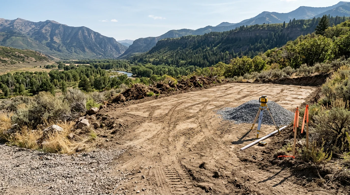 A graded and cleared mountain lot in Oakley, Utah prepared for custom home construction, with mature pines along the perimeter and Uinta Mountain views in the background. Heavy equipment sits on a level building pad ready for foundation work.