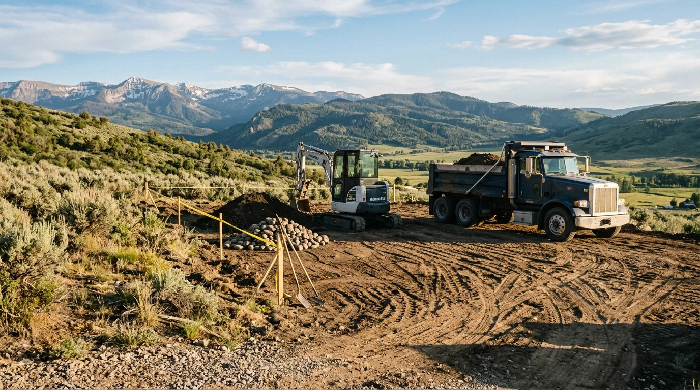 A cleared residential lot in Oakley, Utah after dirt removal, showing bare level ground with no excess soil or spoil piles remaining. An excavator is staged nearby on the Kamas Valley property.