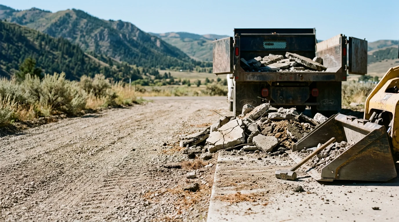 Excavation equipment breaking up and removing a cracked concrete driveway on a residential property in Oakley, Utah. The surrounding lawn and home foundation remain undisturbed as debris is loaded for hauling.