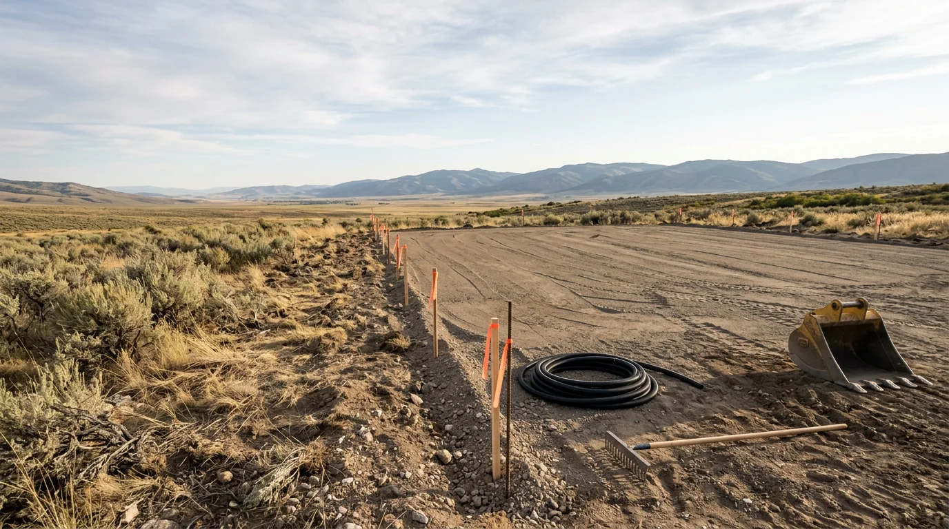 An excavator grading a large rural lot in Oakley, Utah, shaping the soil surface to direct drainage away from a new home foundation. The Kamas Valley terrain and open sky are visible in the background.