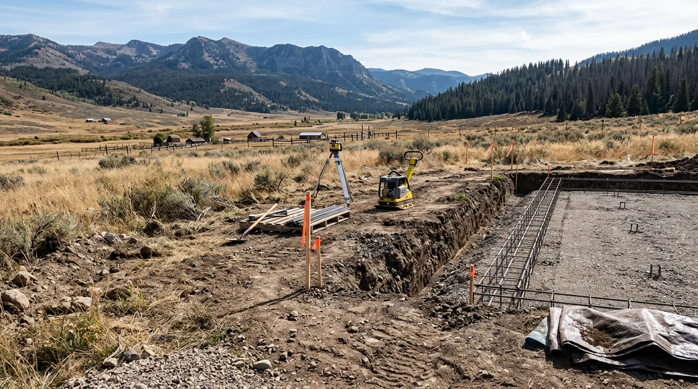 Foundation excavation in progress on a residential lot in Oakley, Utah, with deep footing trenches cut into alluvial soil against a backdrop of the Kamas Valley. Exposed subgrade prepared for concrete forming on a new home build site.