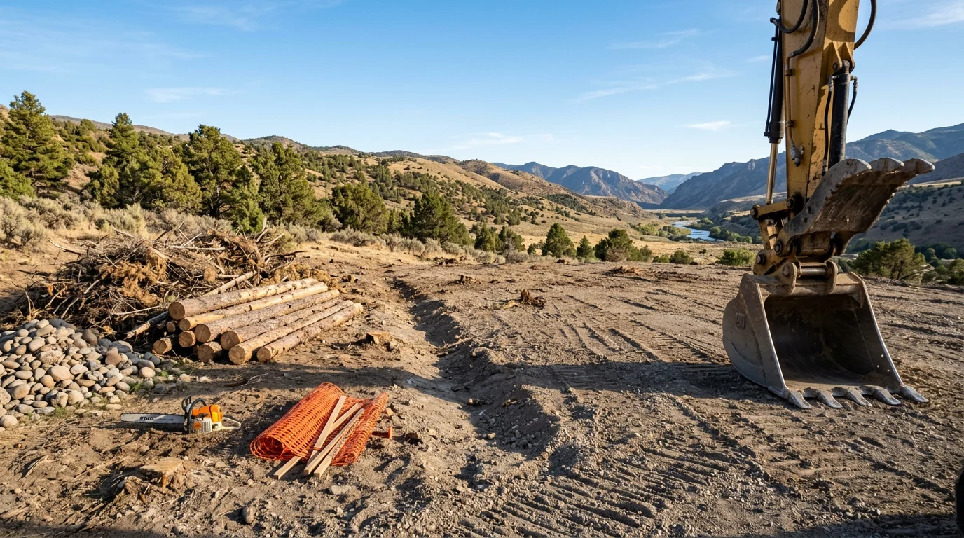 A cleared residential lot in Oakley, Utah with trees, brush, and debris removed, leaving exposed earth ready for construction against a mountain valley backdrop. Heavy excavation equipment sits at the edge of the site near the Weber River corridor.