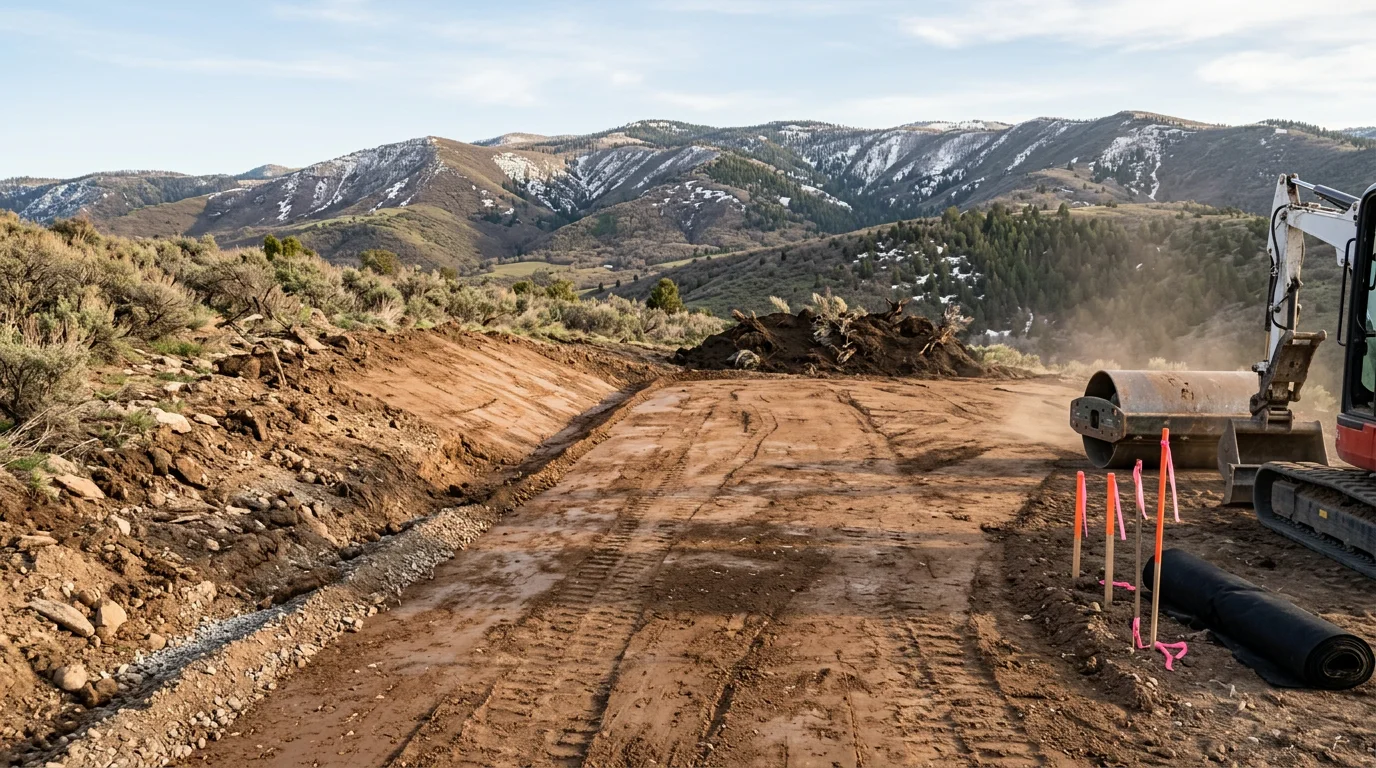 An excavator grading and leveling a raw residential lot in Oakley, Utah, with cleared soil and shaped drainage slopes visible across the site. The surrounding high-elevation terrain and mountain backdrop reflect the Summit County landscape typical of site preparation work in this area.