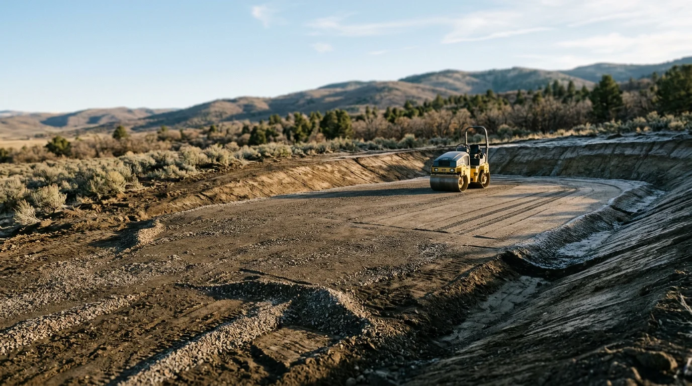 Excavated and graded substation site in the Kamas Valley near Oakley, Utah, with compacted earthwork pad and drainage slopes prepared for electrical infrastructure installation.